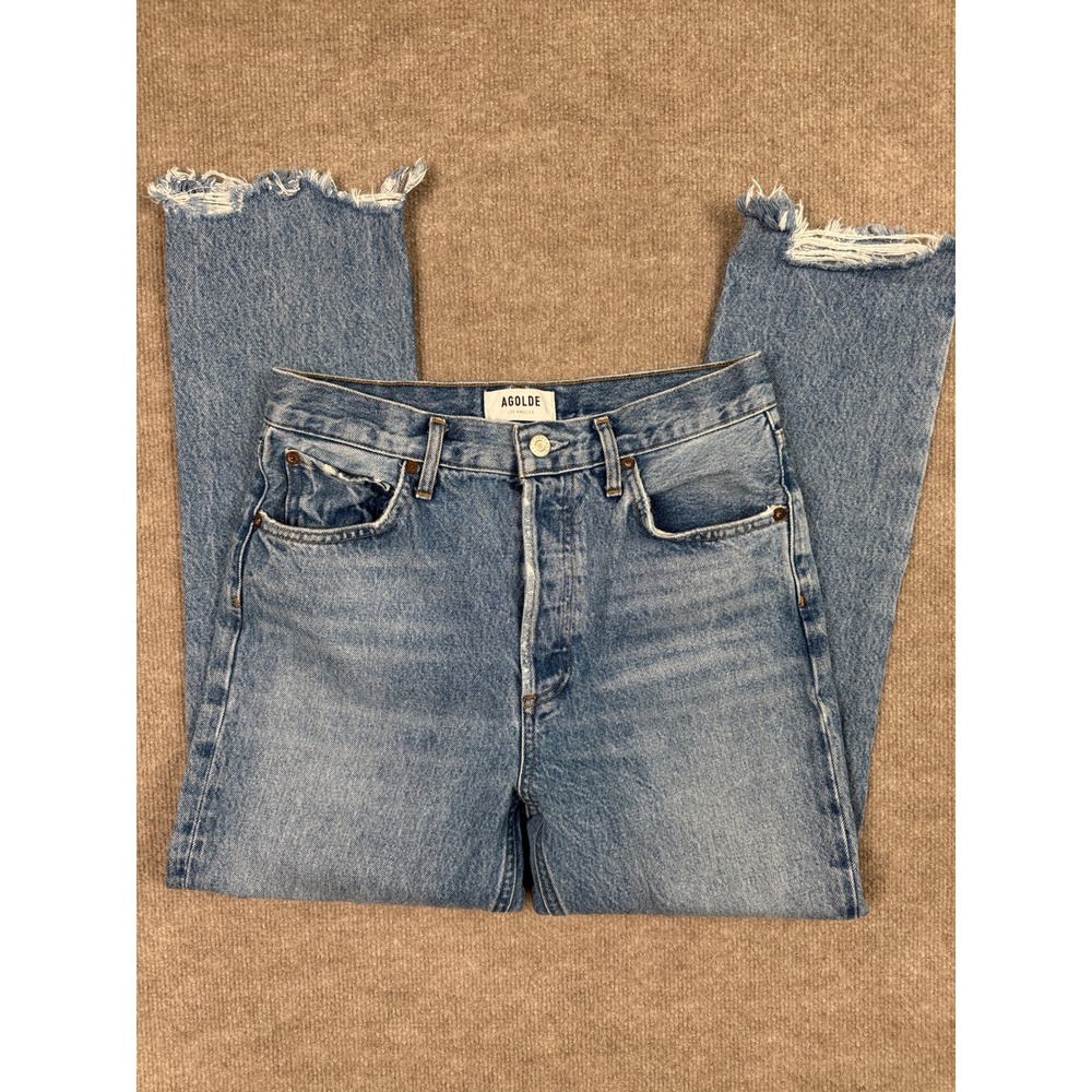 AGOLDE Riley High Rise Straight Crop Jeans Women's 27 Medium Wash Chewed Raw Hem